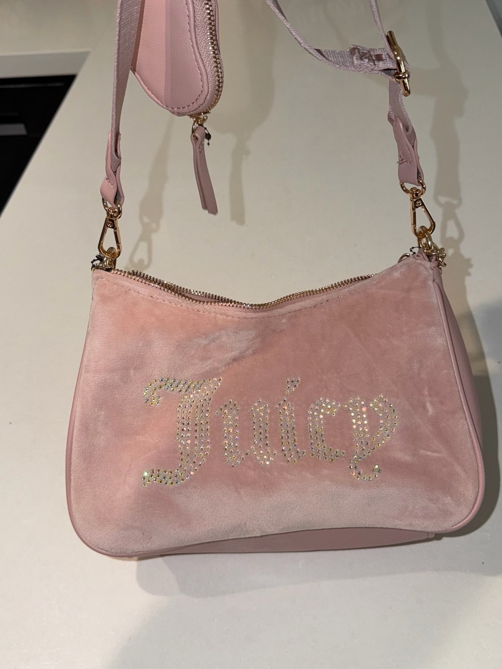 Juicy Couture Light Pink Velvet Rhinestone Logo Shoulder Bag